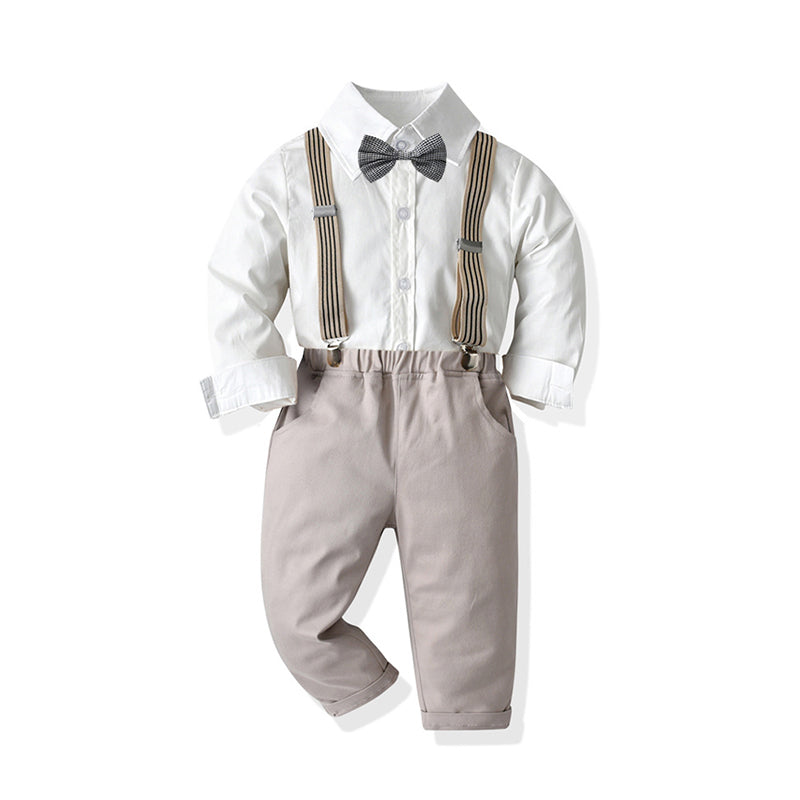 2 Pieces Set Baby Kid Boys Birthday Party Solid Color Bow Shirts And Striped Jumpsuits Wholesale 211109251