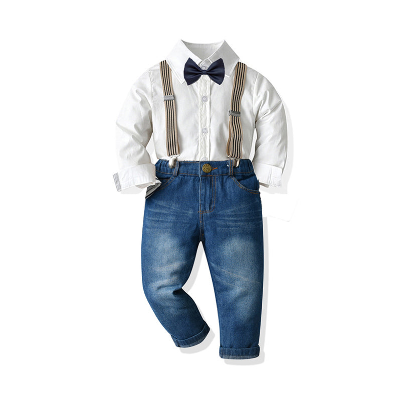 2 Pieces Set Baby Kid Boys Birthday Party Solid Color Bow Shirts And Ripped Jumpsuits Wholesale 211109252