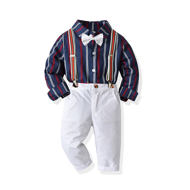 2 Pieces Set Baby Kid Boys Birthday Party Striped Shirts And Solid Color Jumpsuits Others accessories Wholesale 211109261