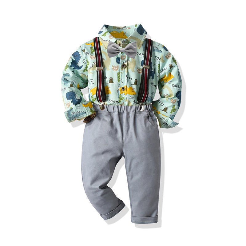 2 Pieces Set Baby Kid Boys Birthday Party Dinosaur Animals Cartoon Plant Print Shirts Others accessories And Solid Color Pants Wholesale 211109265
