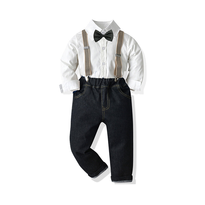 2 Pieces Set Baby Kid Boys Birthday Party Solid Color Bow Shirts Others accessories And Striped Suits Jumpsuits Wholesale 211109270