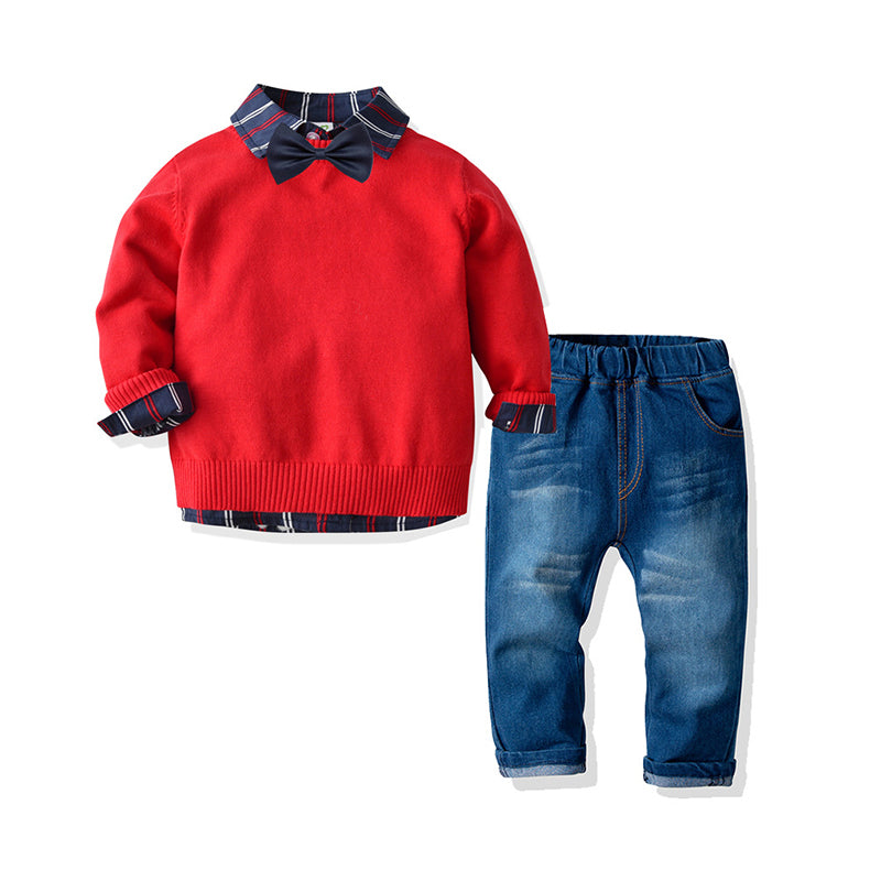 3 Pieces Set Baby Kid Boys Solid Color Sweaters Checked Shirts And Bow Pants Others accessories Wholesale 211109272