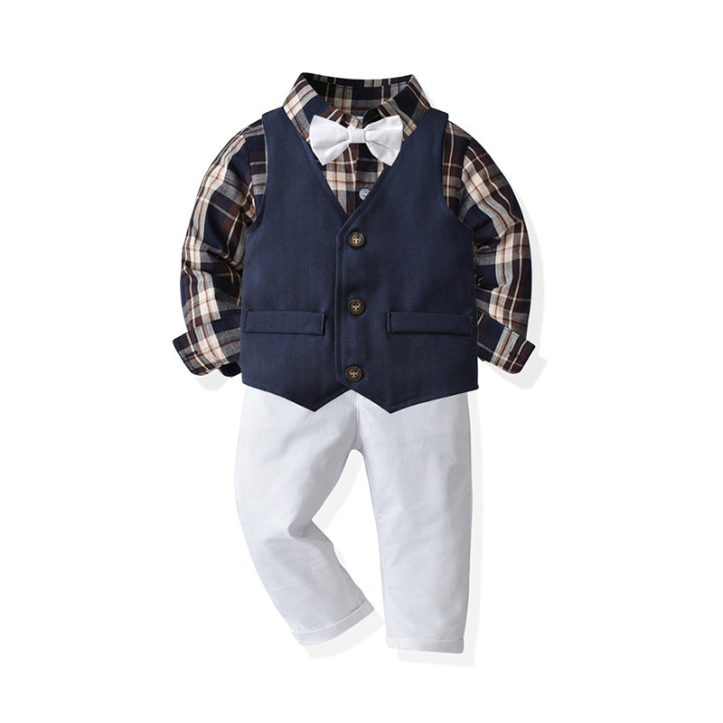 3 Pieces Set Baby Kid Boys Birthday Party Color-blocking Checked Shirts Solid Color Bow Vests Waistcoats Others accessories And Pants Wholesale 211109273