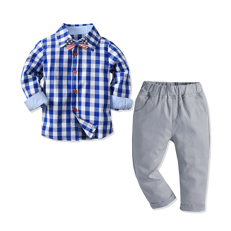 2 Pieces Set Baby Kid Boys Dressy Birthday Party Checked Bow Shirts And Solid Color Pants Wholesale 211109274