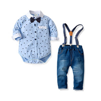 Load image into Gallery viewer, 2 Pieces Set Baby Boys Dressy Birthday Party Solid Color Striped Polka dots Checked Bow Rompers And Jeans Wholesale 211109276
