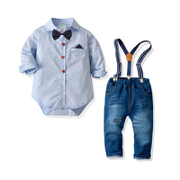 Load image into Gallery viewer, 2 Pieces Set Baby Boys Dressy Birthday Party Solid Color Striped Polka dots Checked Bow Rompers And Jeans Wholesale 211109276
