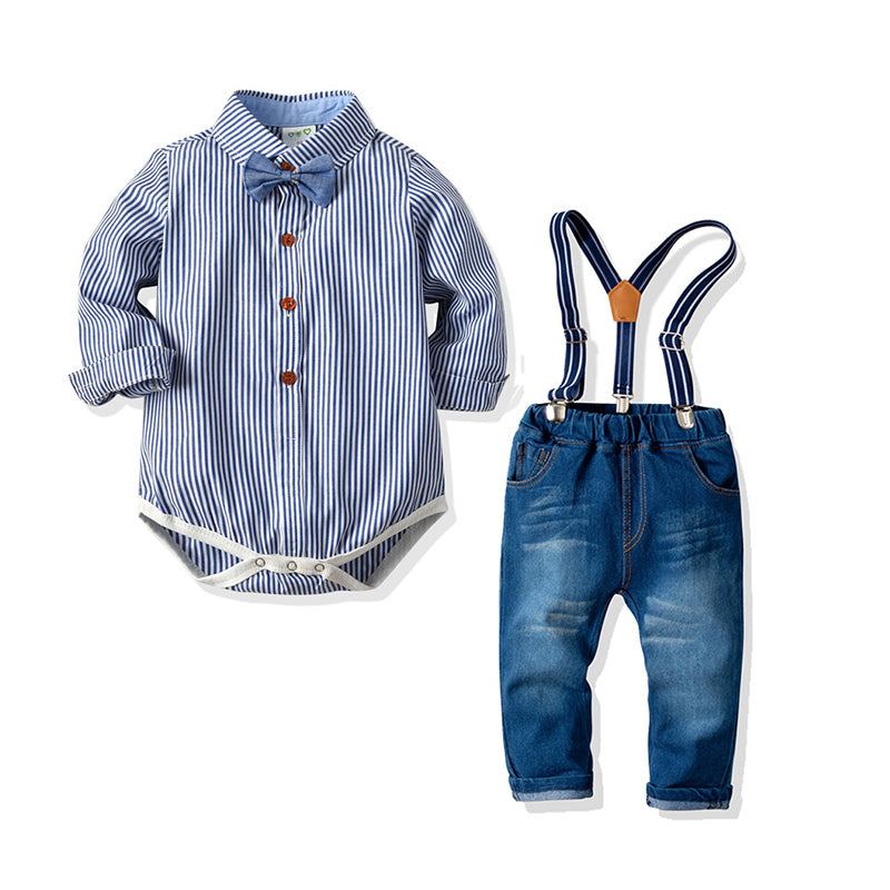 2 Pieces Set Baby Boys Dressy Birthday Party Solid Color Striped Polka dots Checked Bow Rompers And Jeans Wholesale 211109276