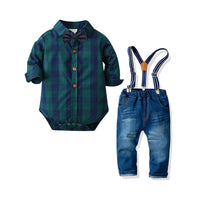 Load image into Gallery viewer, 2 Pieces Set Baby Boys Dressy Birthday Party Solid Color Striped Polka dots Checked Bow Rompers And Jeans Wholesale 211109276
