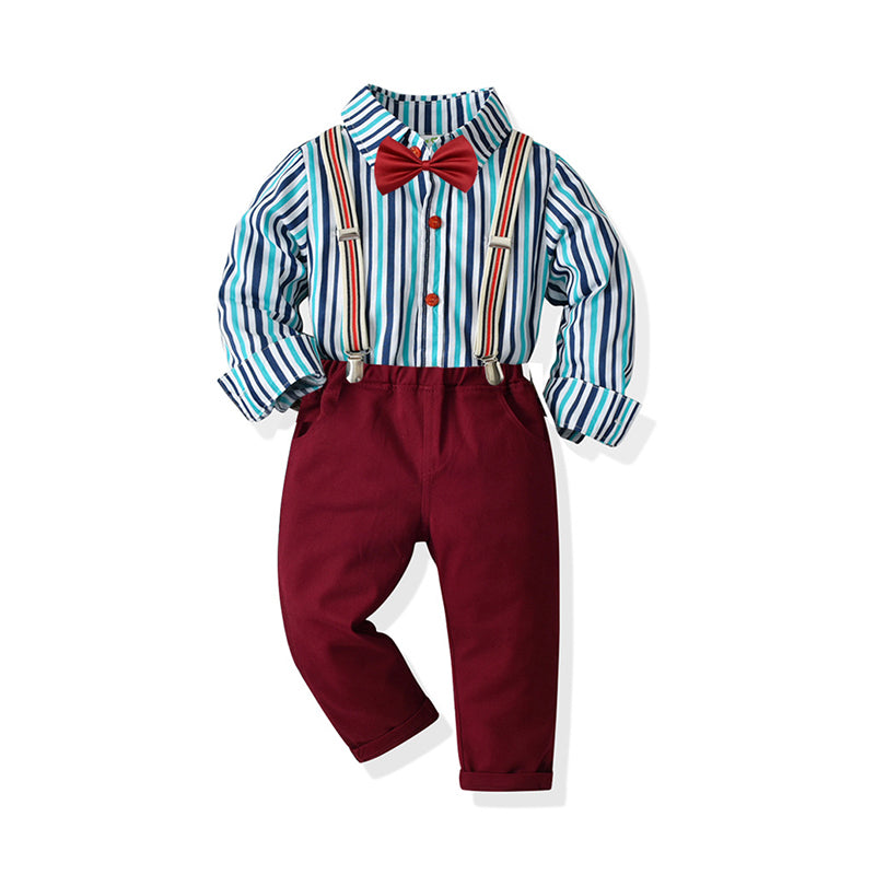2 Pieces Set Baby Kid Boys Dressy Birthday Party Striped Bow Shirts And Solid Color Jumpsuits Wholesale 211109277