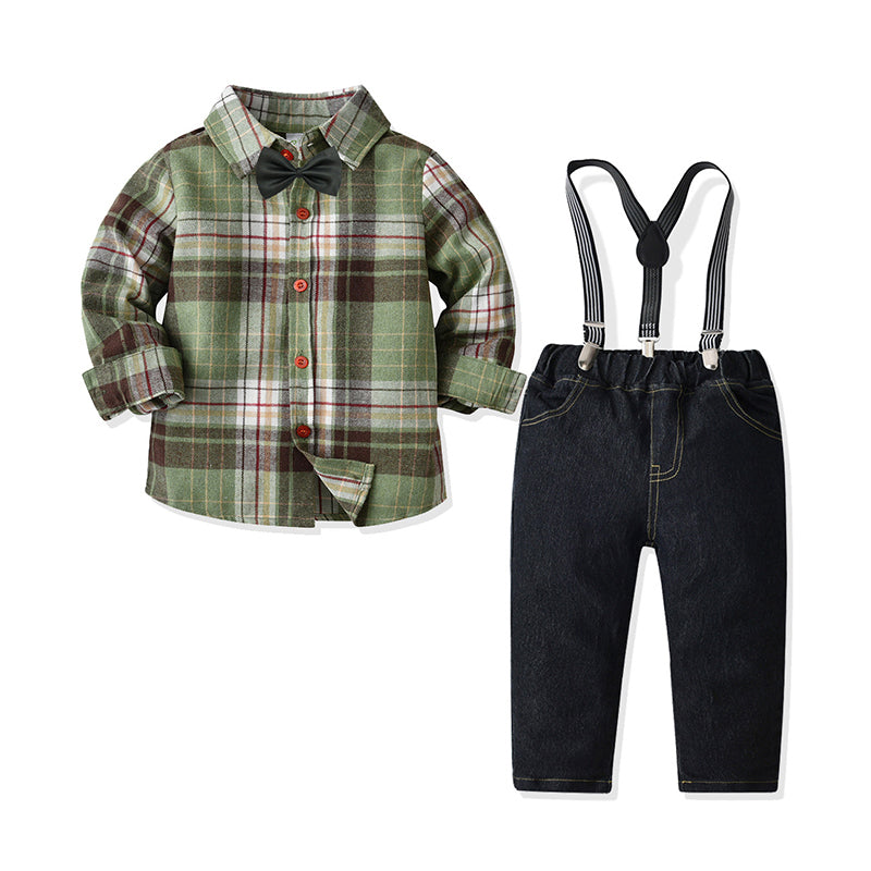 2 Pieces Set Baby Kid Boys Checked Bow Shirts And Solid Color Jumpsuits Wholesale 211109281