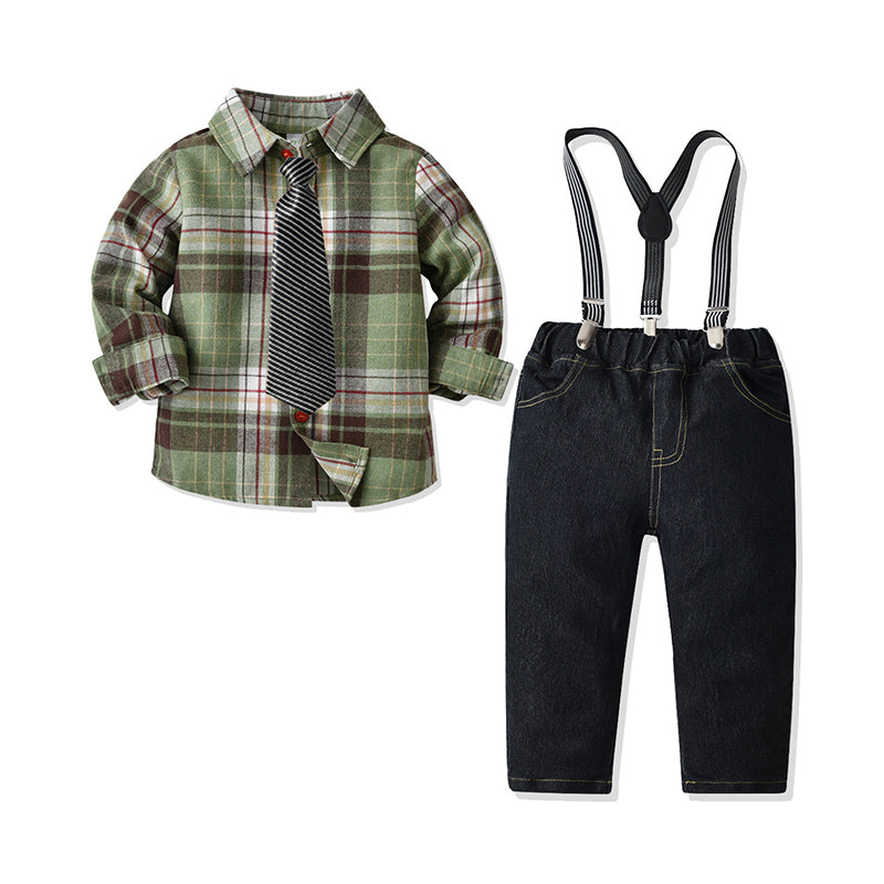 2 Pieces Set Baby Kid Boys Striped Checked Bow Shirts And Solid Color Jumpsuits Wholesale 211109282