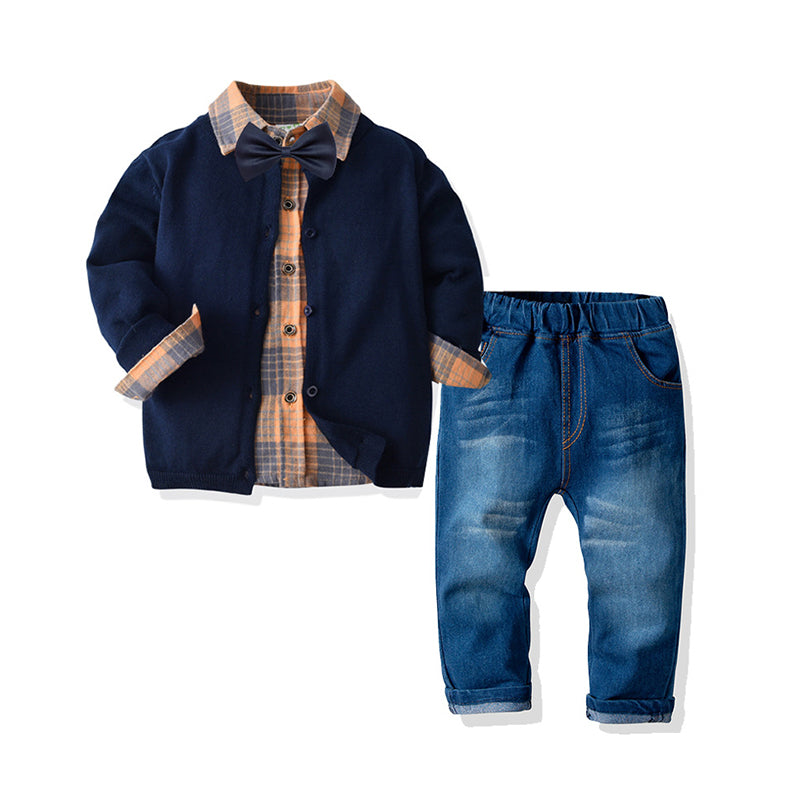 3 Pieces Set Baby Kid Boys Checked Bow Shirts Solid Color Cardigan And Jeans Wholesale 211109283