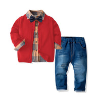 Load image into Gallery viewer, 3 Pieces Set Baby Kid Boys Checked Bow Shirts Solid Color Cardigan And Jeans Wholesale 211109283
