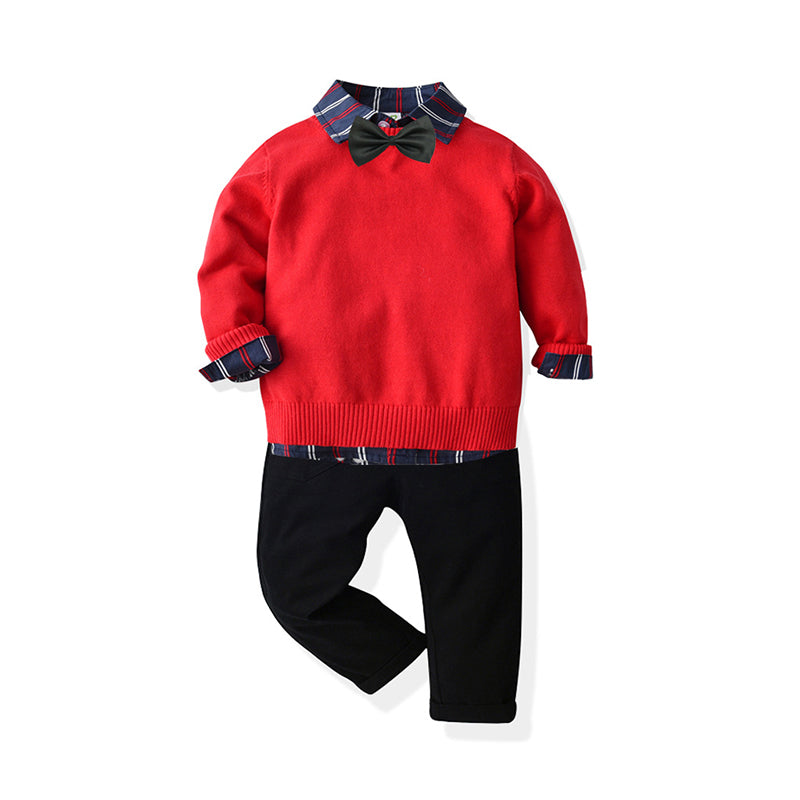 3 Pieces Set Baby Kid Boys Striped Bow Shirts Solid Color Pants And Crochet Sweaters Wholesale 211109284