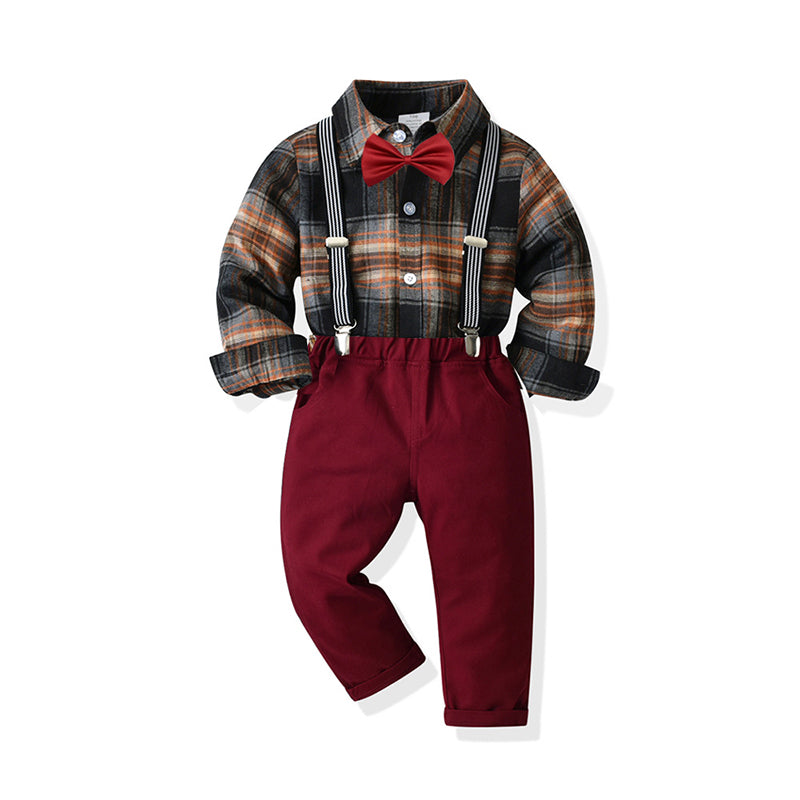 2 Pieces Set Baby Kid Boys Checked Bow Shirts And Solid Color Jumpsuits Wholesale 211109290