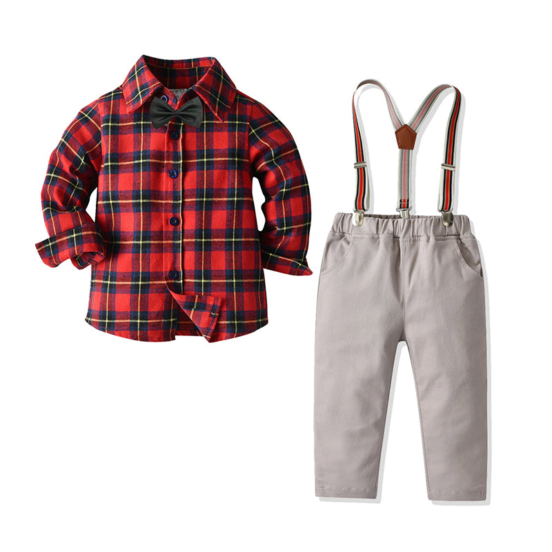 2 Pieces Set Baby Kid Boys Dressy Checked Bow Shirts And Solid Color Jumpsuits Wholesale 211109291