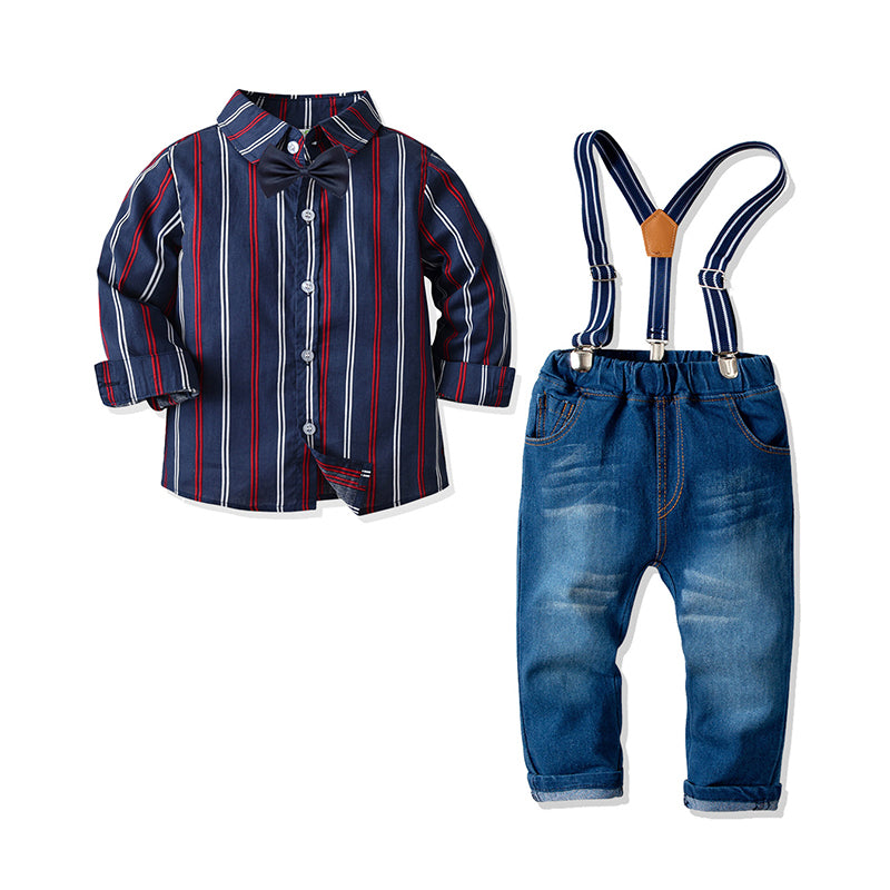 2 Pieces Set Baby Kid Boys Dressy Striped Bow Shirts And Solid Color Jumpsuits Wholesale 211109295