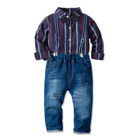 Load image into Gallery viewer, 2 Pieces Set Baby Kid Boys Dressy Striped Bow Shirts And Solid Color Jumpsuits Wholesale 211109295
