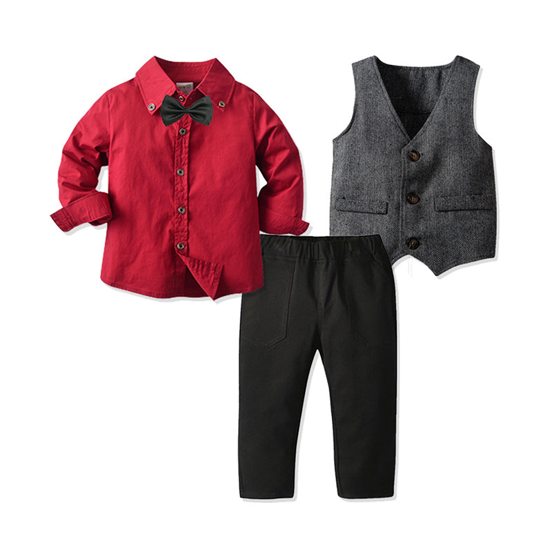 3 Pieces Set Baby Kid Boys Dressy Birthday Party Solid Color Bow Shirts And Striped Vests Waistcoats And Pants Suits Wholesale 211109297