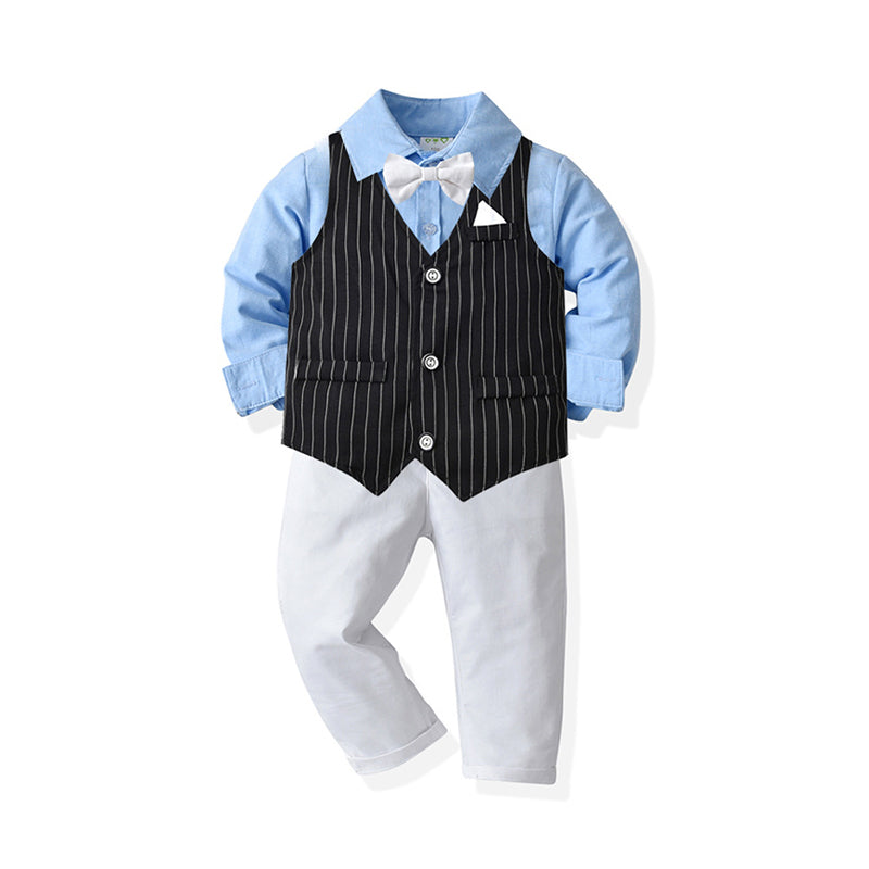 3 Pieces Set Baby Kid Boys Dressy Birthday Party Solid Color Bow Shirts And Striped Vests Waistcoats And Pants Suits Wholesale 211109299