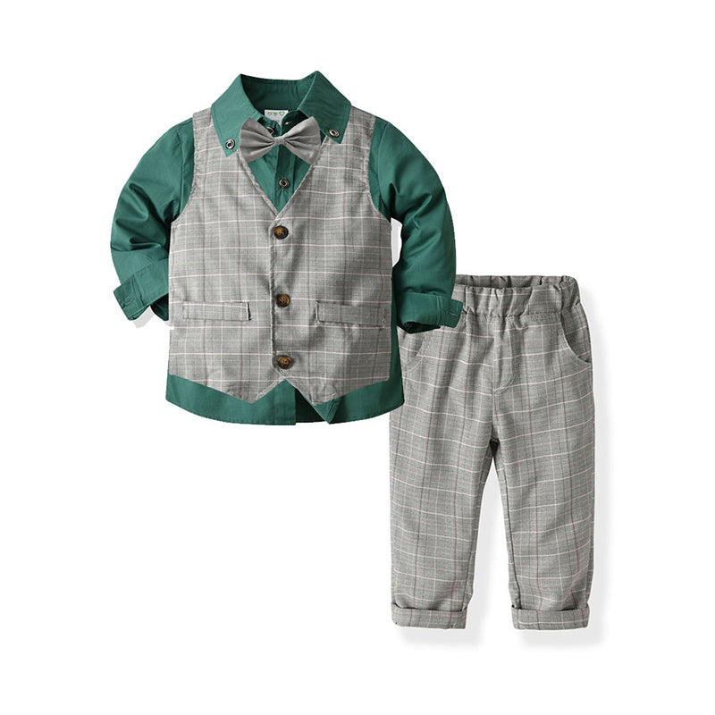 3 Pieces Set Baby Kid Boys Dressy Birthday Party Solid Color Bow Shirts And Checked Vests Waistcoats And Pants Suits Wholesale 211109301