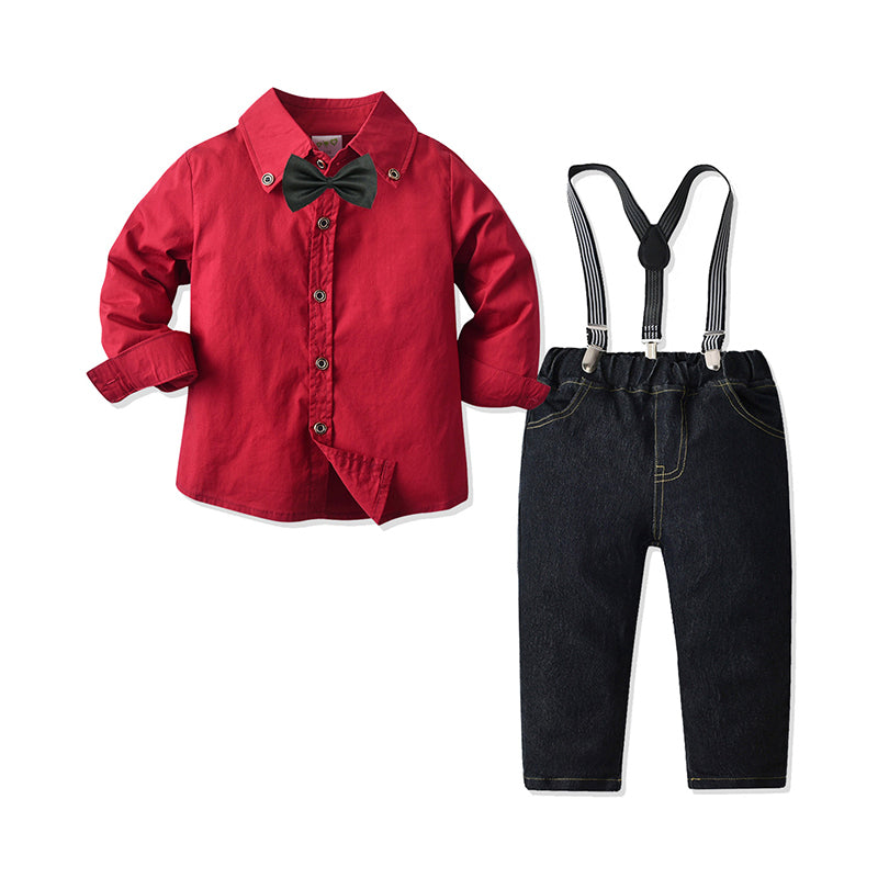 2 Pieces Set Baby Kid Boys Birthday Party Bow Shirts And Solid Color Jumpsuits Wholesale 211109302