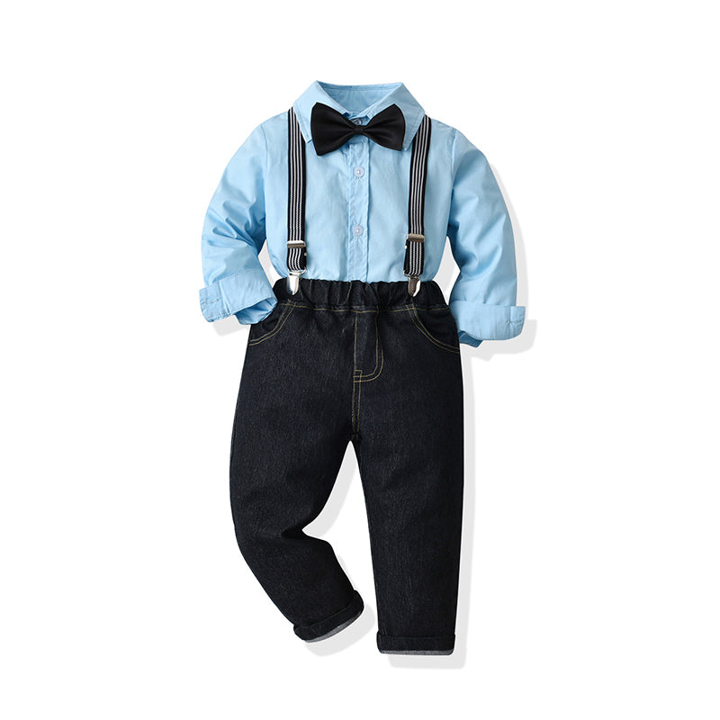 2 Pieces Set Baby Kid Boys Birthday Party Bow Shirts And Solid Color Jumpsuits Wholesale 211109304