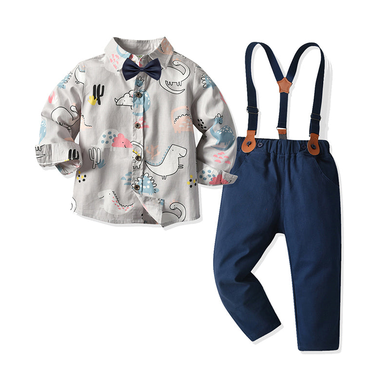 2 Pieces Set Baby Kid Boys Birthday Party Cartoon Bow Print Shirts And Solid Color Jumpsuits Wholesale 211109306