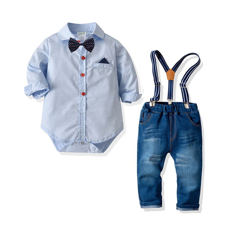 2 Pieces Set Baby Boys Birthday Party Striped Checked Star Bow Rompers And Solid Color Jumpsuits Wholesale 211109307