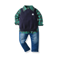 Load image into Gallery viewer, 3 Pieces Set Baby Kid Boys Birthday Party Checked Shirts Expression Vests Waistcoats And Solid Color Jeans Wholesale 211109308
