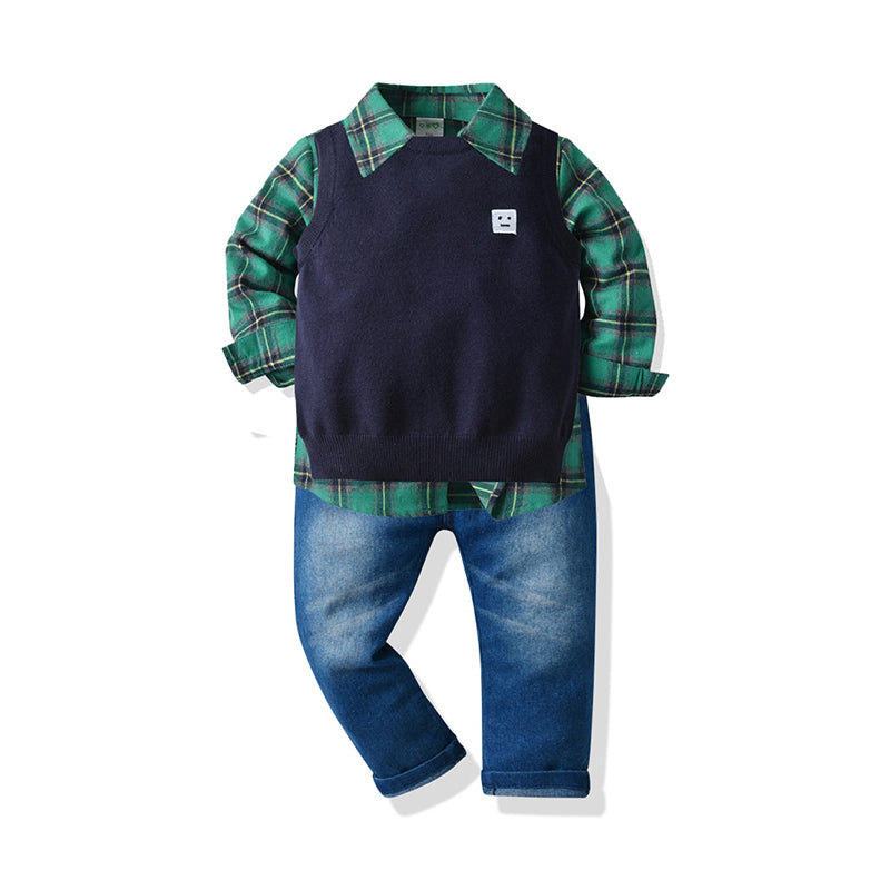 3 Pieces Set Baby Kid Boys Birthday Party Checked Shirts Expression Vests Waistcoats And Solid Color Jeans Wholesale 211109308