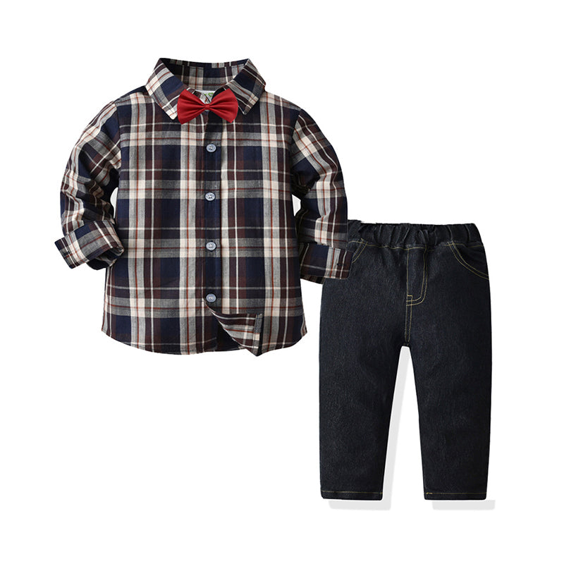 2 Pieces Set Baby Kid Boys Birthday Party Checked Bow Shirts And Solid Color Jeans Wholesale 211109311
