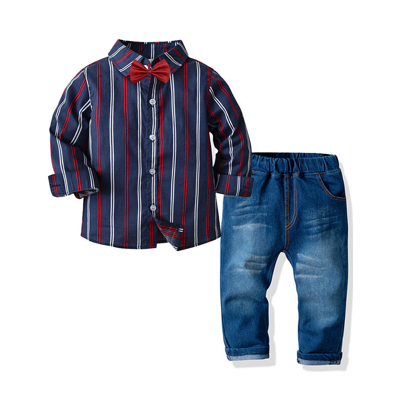 2 Pieces Set Baby Kid Boys Birthday Party Striped Bow Shirts And Solid Color Jeans Wholesale 211109313