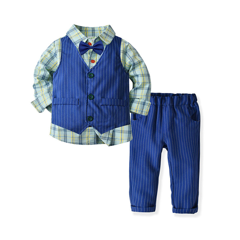 3 Pieces Set Baby Kid Boys Birthday Party Checked Bow Shirts Striped Vests Waistcoats And Suits Wholesale 211109316