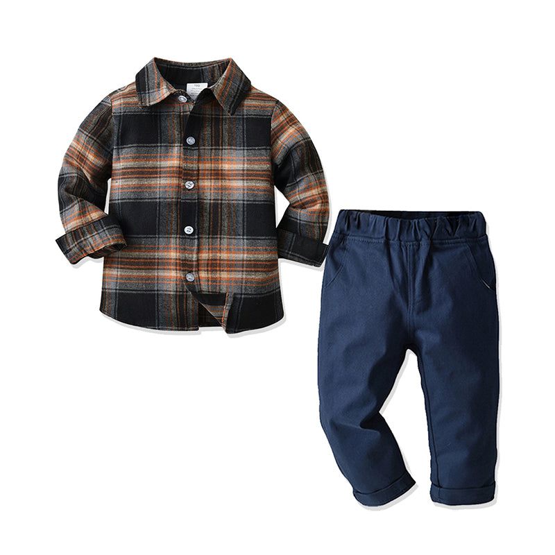 2 Pieces Set Baby Kid Boys Checked Shirts And Solid Color Pants Wholesale 211109317