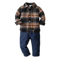 Load image into Gallery viewer, 2 Pieces Set Baby Kid Boys Checked Shirts And Solid Color Pants Wholesale 211109317
