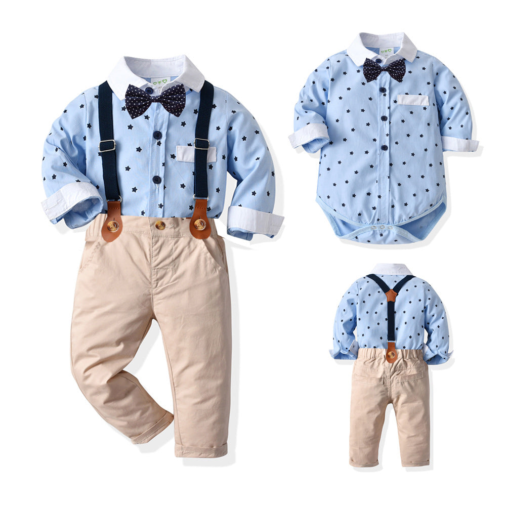 2 Pieces Set Baby Boys Birthday Party Star Bow Print Rompers And Solid Color Jumpsuits Wholesale 211109320