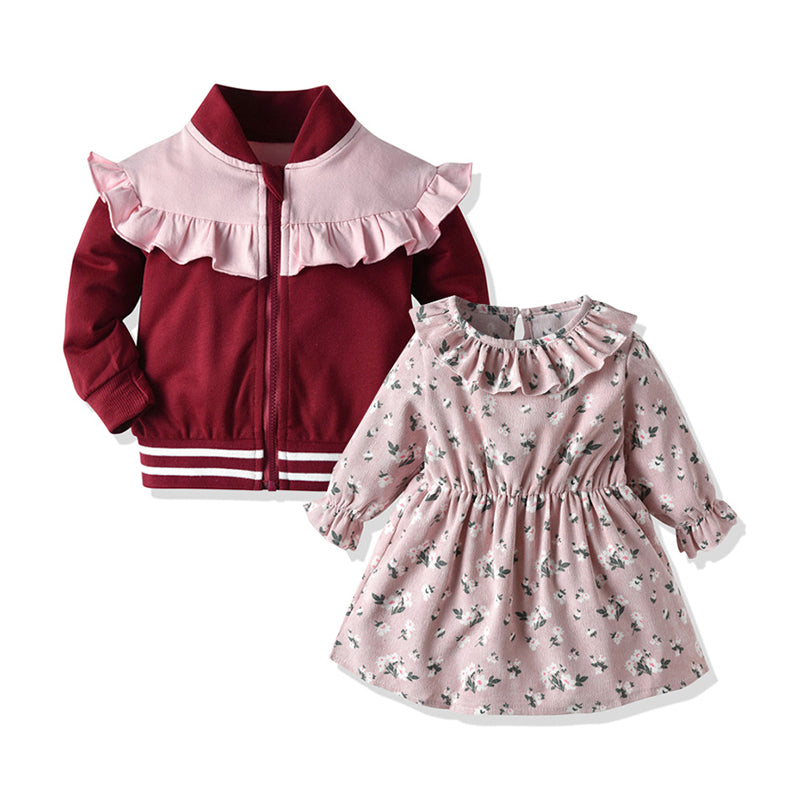 2 Pieces Set Baby Girls Color-blocking Print Jackets Outwears And Flower Dresses Wholesale 211109321