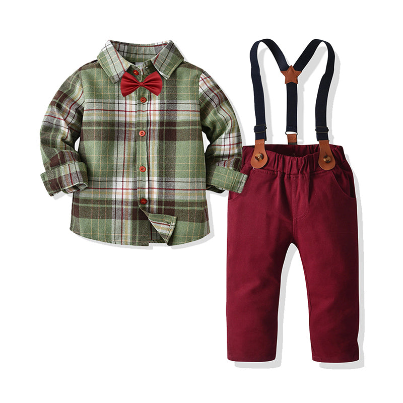 2 Pieces Set Baby Kid Boys Checked Bow Shirts And Solid Color Jumpsuits Wholesale 211109322