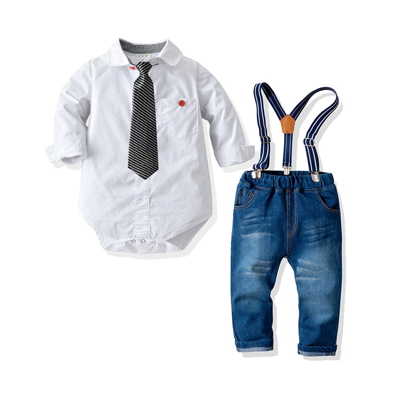 2 Pieces Set Baby Kid Boys Striped Bow Rompers And Solid Color Jeans Wholesale 211109328