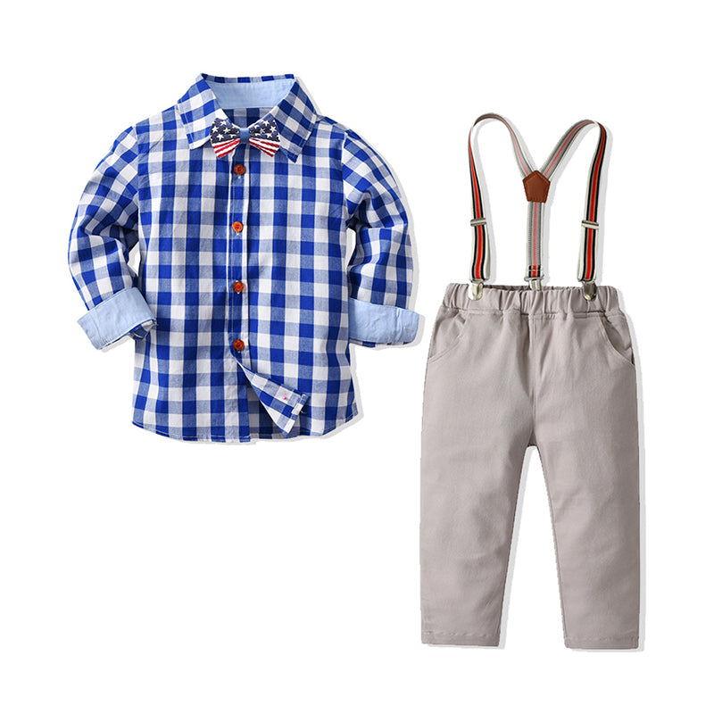 2 Pieces Set Baby Kid Boys Birthday Party Checked Bow Shirts And Solid Color Jumpsuits Wholesale 21110933