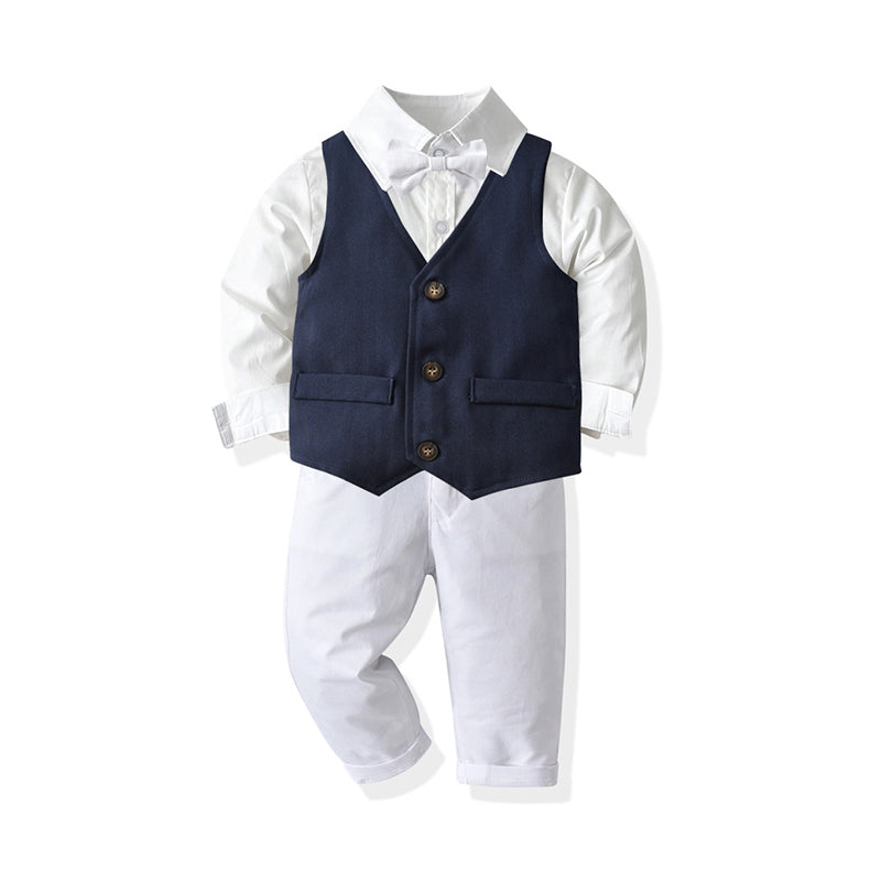 3 Pieces Set Baby Kid Boys Dressy Solid Color Vests Waistcoats Bow Shirts And Suits Trousers Wholesale 211109330