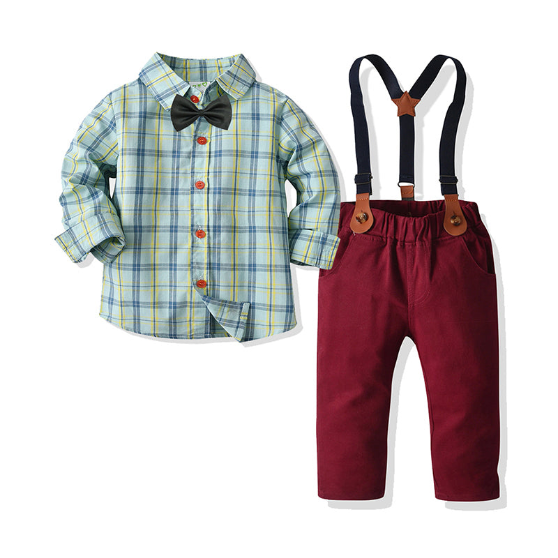2 Pieces Set Baby Kid Boys Dressy Checked Bow Shirts And Suits Trousers Wholesale 211109333