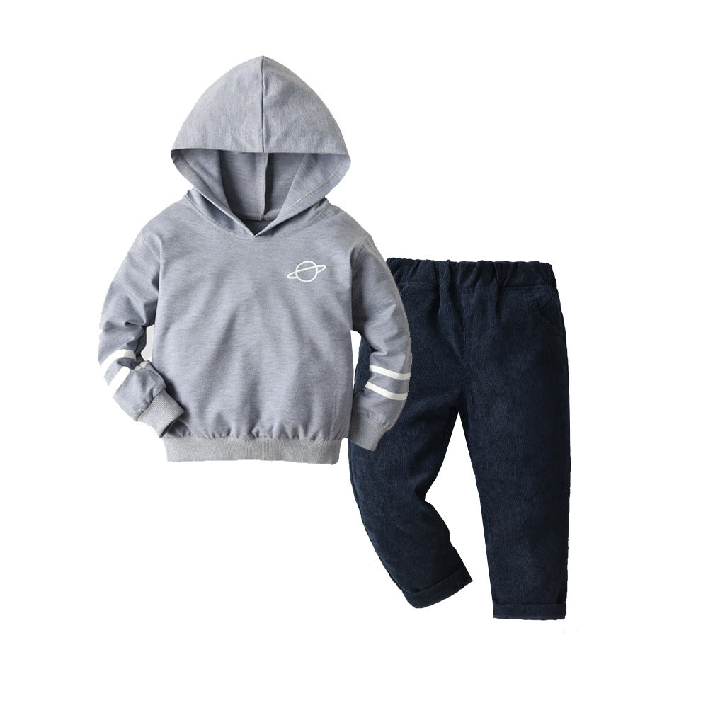 2 Pieces Set Baby Kid Boys Striped Print Hoodies Swearshirts And Solid Color Pants Wholesale 211109334