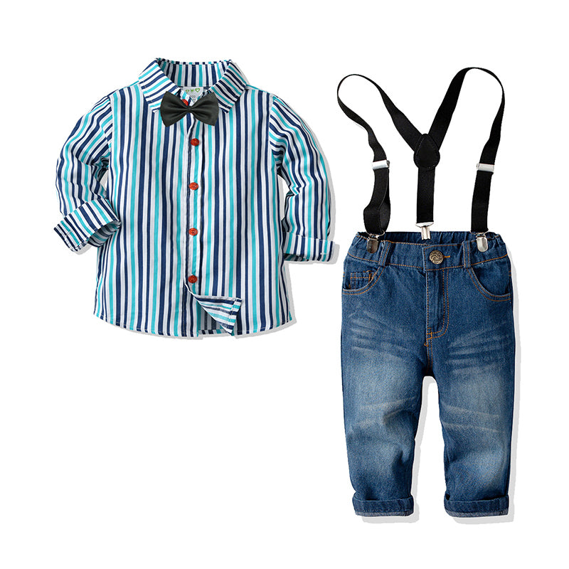 2 Pieces Set Baby Kid Boys Birthday Party Striped Bow Shirts And Pants Suits Wholesale 211109336