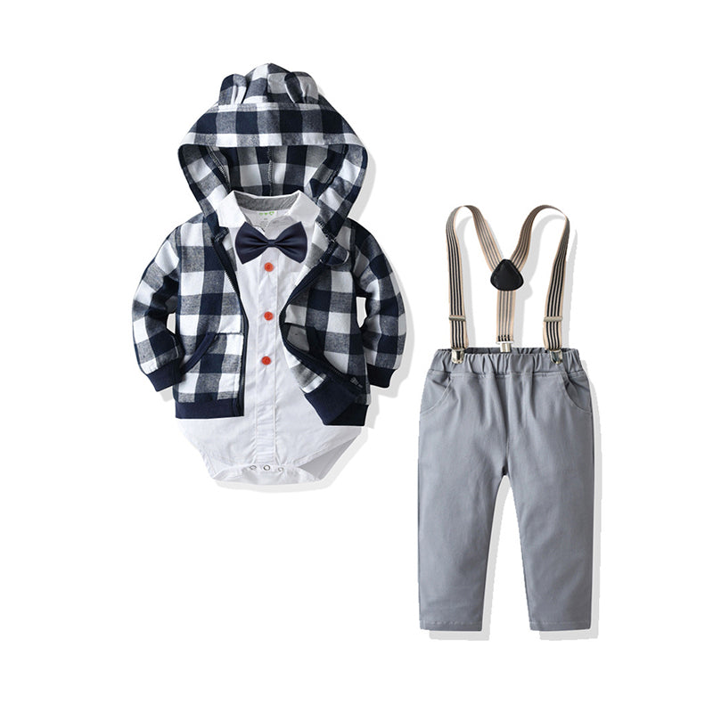 3 Pieces Set Baby Kid Boys Birthday Bow Rompers And Checked Jackets Outwears And Solid Color Pants Wholesale 211109338