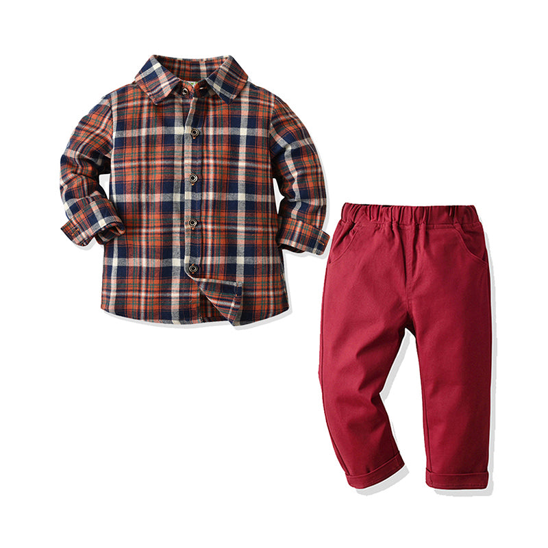 2 Pieces Set Kid Boys Checked Shirts And Solid Color Pants Wholesale 211109339