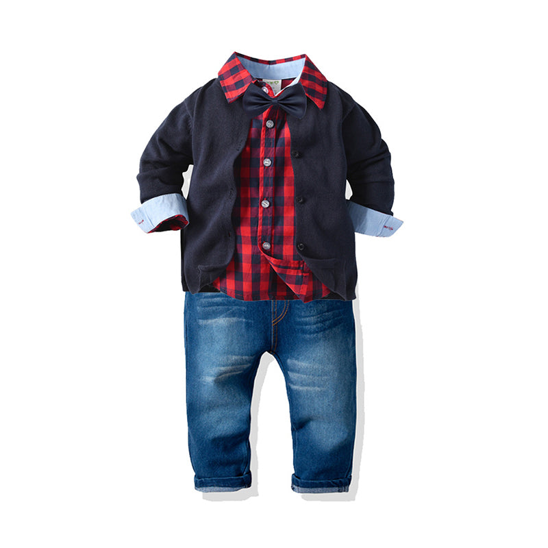 3 Pieces Set Baby Kid Boys Solid Color Jeans Cardigan And Checked Bow Shirts Wholesale 211109341