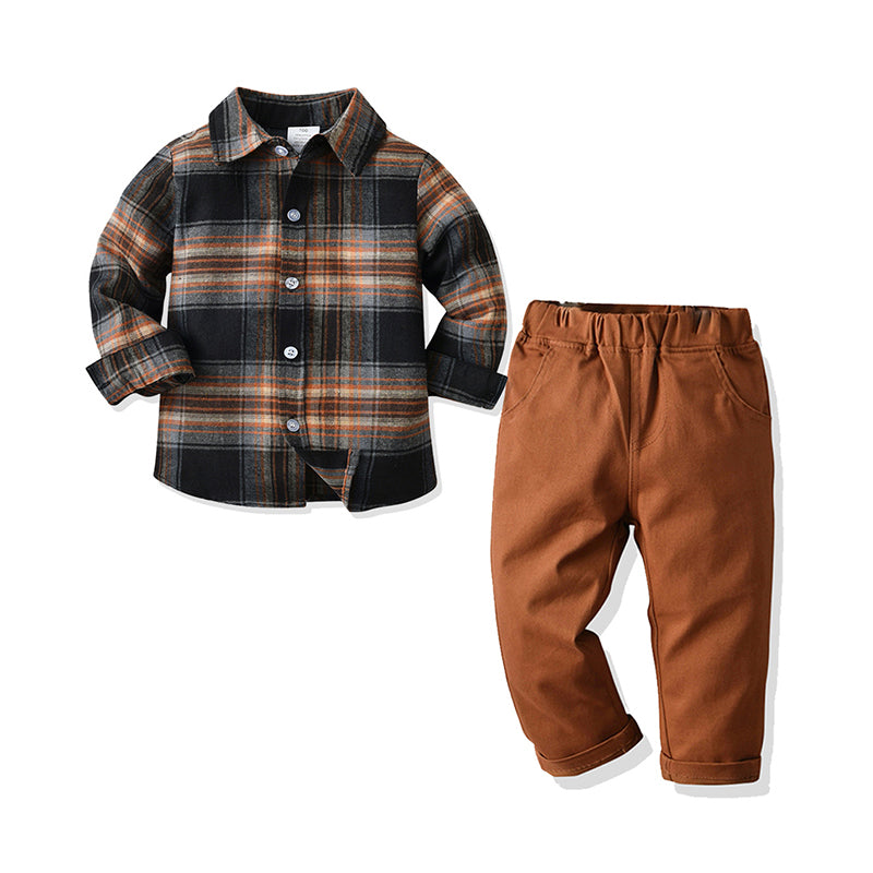 2 Pieces Set Kid Boys Checked Shirts And Solid Color Pants Wholesale 211109349