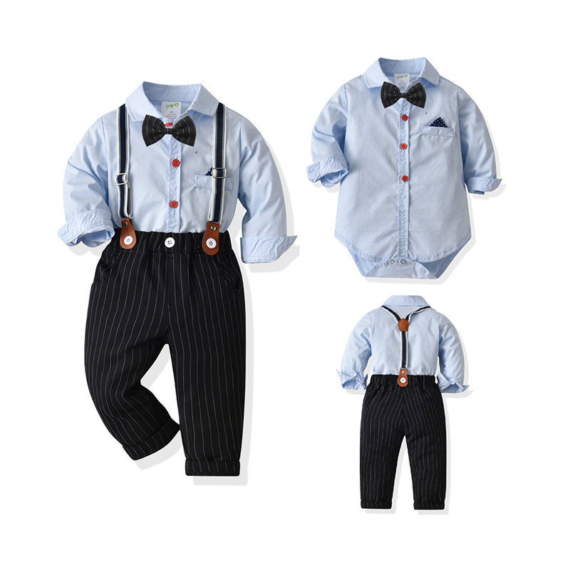 2 Pieces Set Baby Boys Birthday Party Solid Color Bow Shirts And Striped Jumpsuits Wholesale 21110935